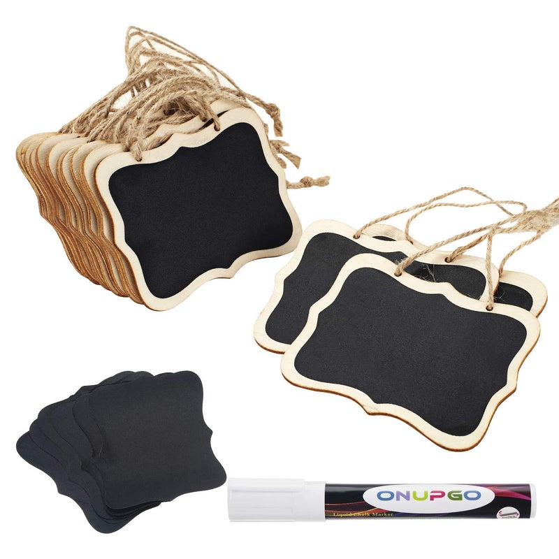 ONUPGO 16 Pack Chalkboard Tags with String, 4"x3" Hanging Chalkboard Signs with Liquid Chalk Marker, Wooden Mini Blackboard Tags Massage Board Tags, Hanging Chalkboard Price Tags - Image 1